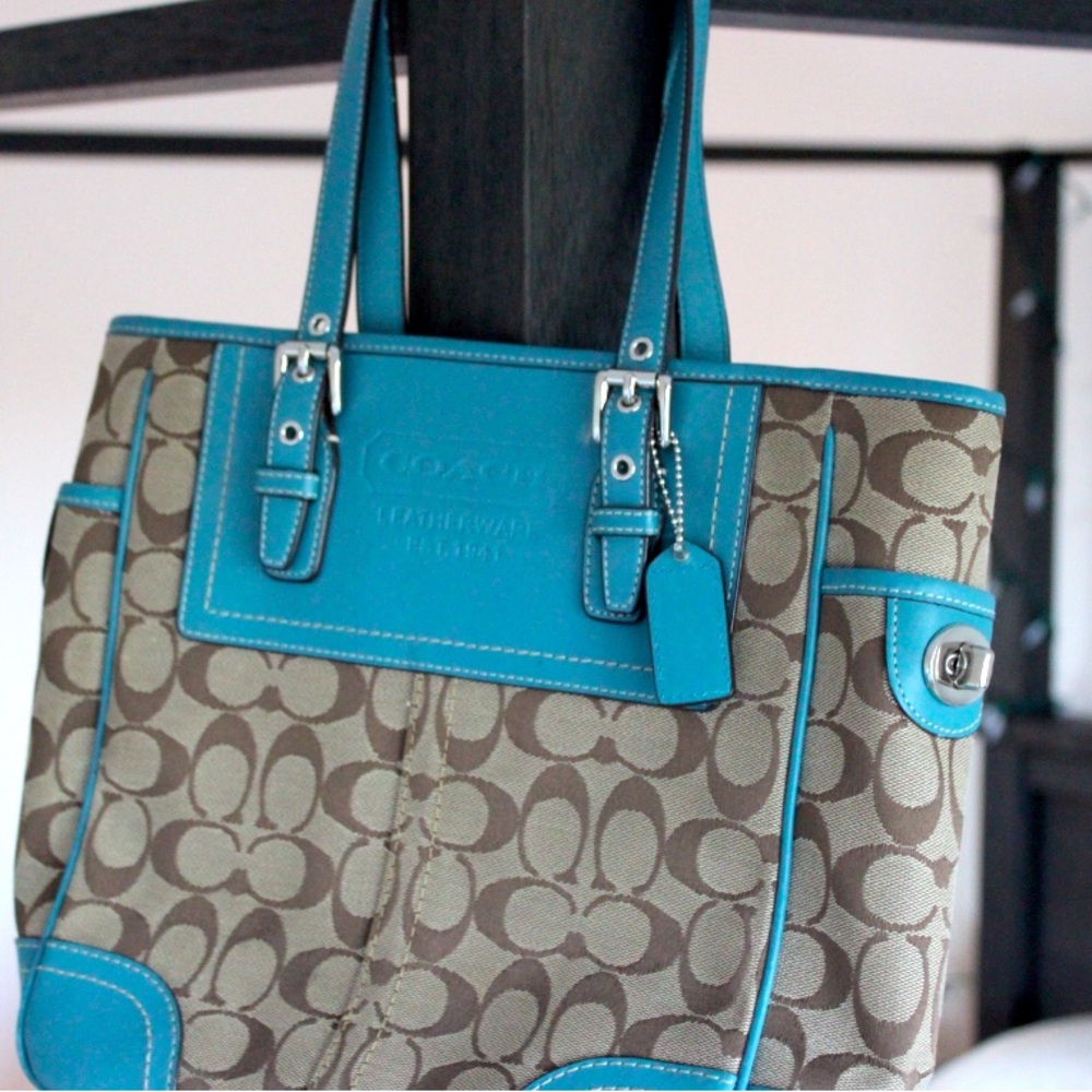 Coach Vintage Bag Signature Hampton Leather Brown Blue Trim Shoulder Bag